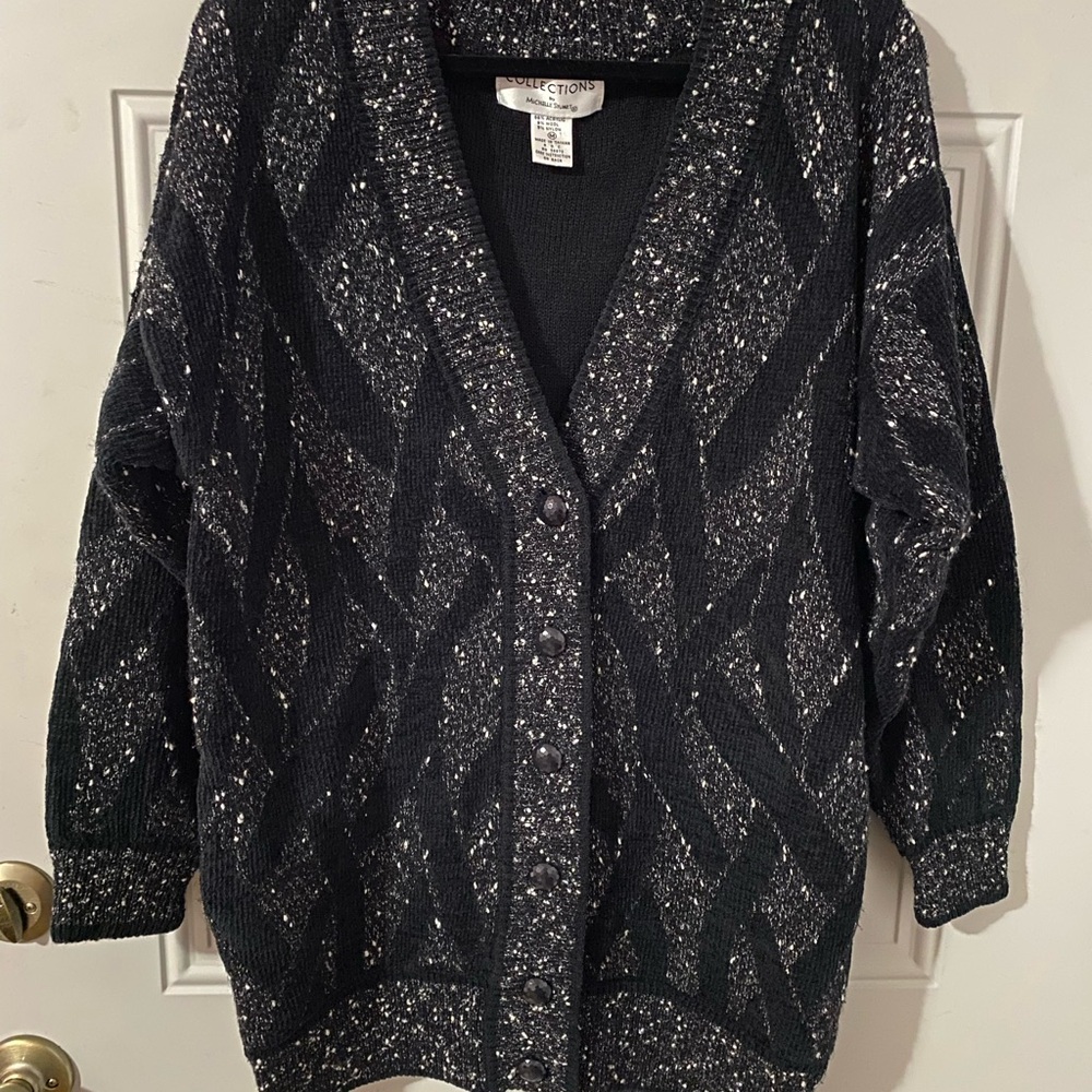Michelle Stuart Black Cardigan with Metallic Pattern